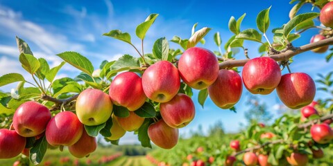 Obraz premium A juvenile apple tree branch laden with fresh fruit stretches towards a crisp summer sky, ripe for the picking in a serene orchard setting.