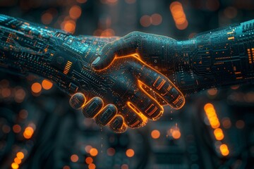 Client server handshake in digital futuristic virtual space, symbolizing technology and online collaboration, highlighting integration of digital systems for efficiency