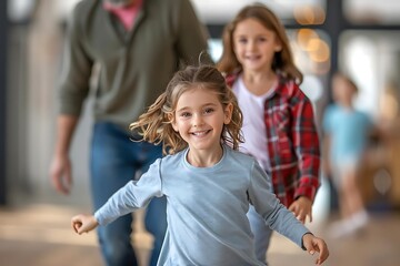 Obraz premium Two joyful girls run happily towards the camera, showcasing carefree childhood moments in a lively indoor setting.
