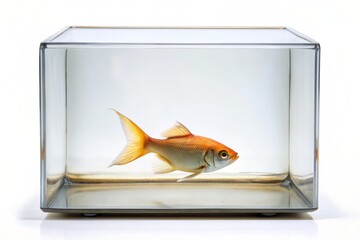Isolated white background showcases an empty fish tank aquarium with no water, spotlighting a lonely fish lying lifeless on the dry glass bottom surface.