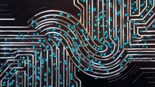Abstract black background with lines and blue ts that depicts technological advancement