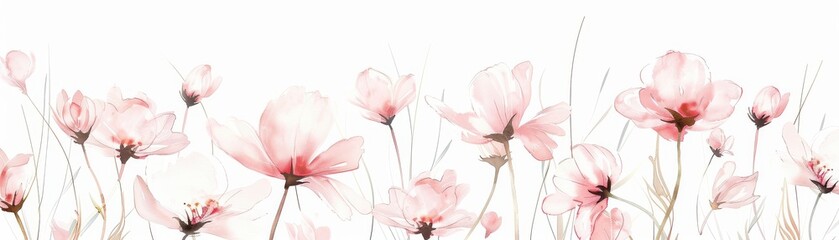 Naklejka premium Watercolor painting of delicate pink flowers on a white background.
