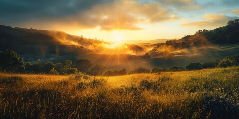 Obraz premium Golden Hour Sunrise Over Rolling Hills