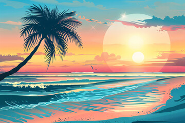 Silhouette of a palm tree against a vibrant sunset over a calm ocean.