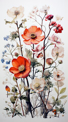 Watercolor drawing of flowering plants  in retro style on white background.