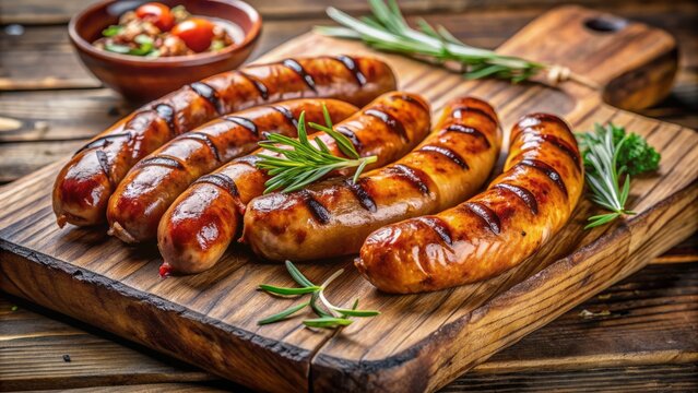 Savory grilled kielbasa sausage with prominent dark grill marks and caramelized edges, served on a rustic wooden cutting board, awaiting a summer barbecue.