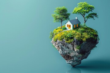 Earth with ecofriendly symbols minimal icon flat blue background digital space for text