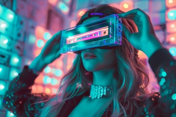 Fototapeta premium Cyberpunk aesthetic woman with retro camera