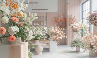 Fototapeta premium A modern florist shop presents a delicate arrangement of pastel flowers, creating a soft, inviting atmosphere with a touch of spring freshness