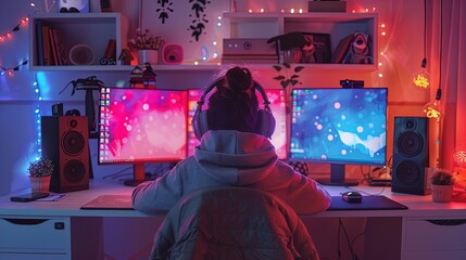 Cozy Workspace with Dual Monitors in Dimly Lit Room