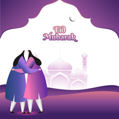 Desert view poster or banner design with illustration of Islamic woman in front of mosque for Eid Mubarak Celebration.