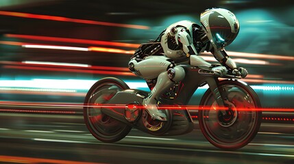 Obraz premium Robot Cyclist Racing: A high-speed robot cyclist pedaling intensely in a competitive race. 