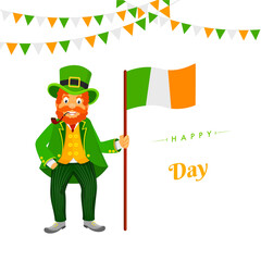 Happy St. Patrick's Day celebration banner or poster design with illustration of leprechaun man holding Irish flag on black background.