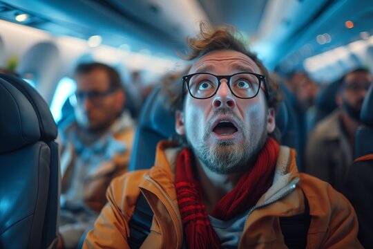 The passenger feels fear as the airplane starts shaking during turbulence