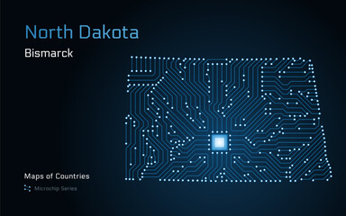 North Dakota Map with a capital of Bismarck Shown in a Microchip Pattern. E-government. United States vector maps. Microchip Series	
