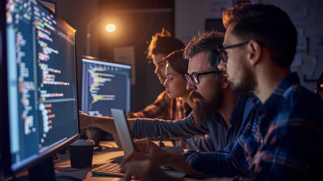 Team of developers working on a new app, coding and testing together - Powered by Adobe