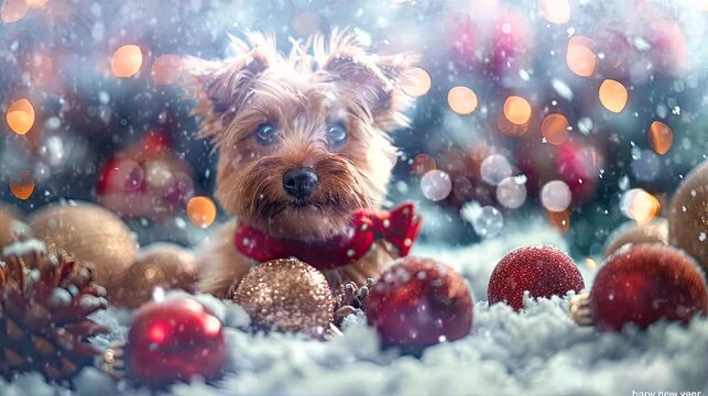 a festive wallpaper featuring cute dog dressed in Santa hats and scarves, christmas decoration tree. seamless looping time-lapse virtual 4k video animation background