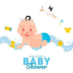 Cute infant boy with stork, toys, clothes and milk bottle for Baby Shower celebration concept. Can be used as poster or template design.