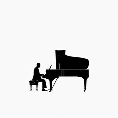 Silhouette of a Man Playing a Grand Piano on a White Background, Music and Performance Concept