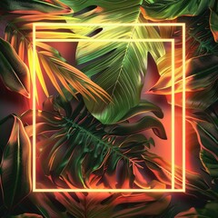 Fototapeta premium A tropical elegant frame made of exotic emerald leaves and neon lighting. Stylish fashion banner. Plants illuminated with purple, orange, pink fluorescent light.