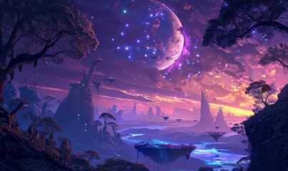 Fototapeta premium An alien planet with diverse ecosystems, including floating islands, bioluminescent forests, and exotic wildlife. The sky glows with the light of a nearby nebula