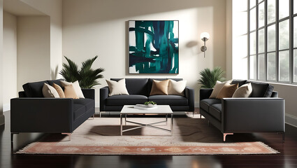 Painted frame with black sofa and wall mockup 