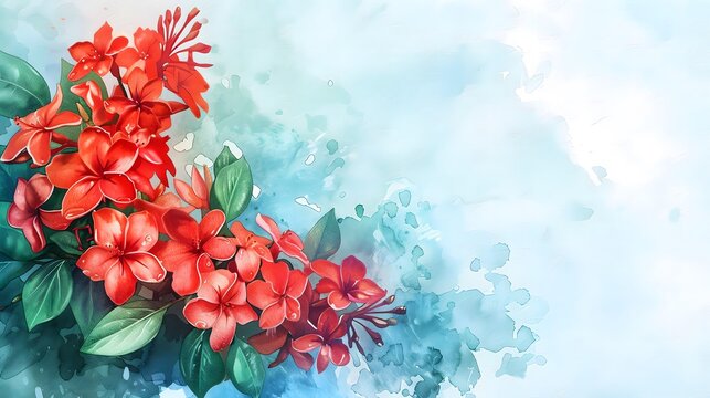 Red ixora flowers in tropical setting, water color painting of tropical flower.