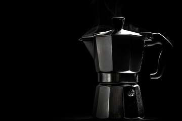 Classic Italian Coffee Maker, Moka Pot with Steam on Dark Background., Brewing Morning Coffee