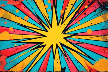 Colorful comic book style splash with a yellow starburst center