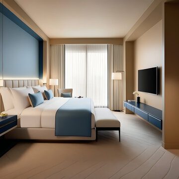 Opened door of hotel room in morning. Stylish boutique hotel bedroom, king sized bed. 
