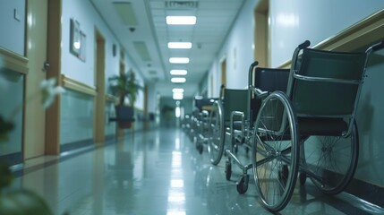 A hospital hallway with a row of wheelchairs