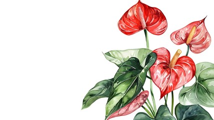 Obraz premium Red anthurium flower with glossy green leaves, water color painting of tropical flower.