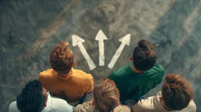 A group of young people stand together, with arrows pointing in different directions on the floor symbolizing diversity and freedom to choose their path