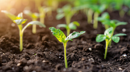 Close-up of young green plant seedlings sprouting from rich, dark soil in a garden under warm sunlight, signifying growth and renewal.