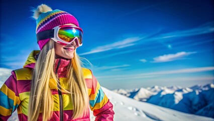 Vibrant blonde skier's abandoned colorful outfit and goggles lie on snow against a brilliant blue sky, perfect for winter vacation banner with ample copy space.