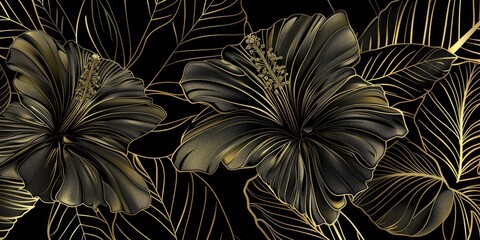 a image of a black and gold floral background with gold leaves