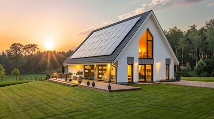 Obraz premium Contemporary solar-powered house illuminated by warm interior lights, surrounded by lush landscape.Sustainable home with expansive windows and a vast, manicured lawn at sunset.