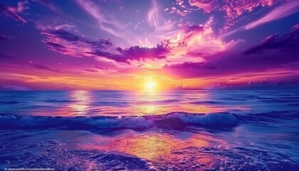 Obraz premium Golden Light Horizon A Sunset of Lavender, Violet Seascape with Rolling Waves at Beach.