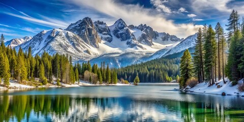 Snow-capped Sierra Nevada mountains tower above a serene frozen lake surrounded by lush evergreen forests and rugged terrain at a popular winter sports destination.