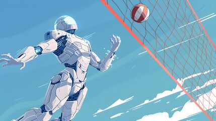 Robot Volleyball Player Spiking Ball: A tall robot leaping to spike a volleyball over the net.
