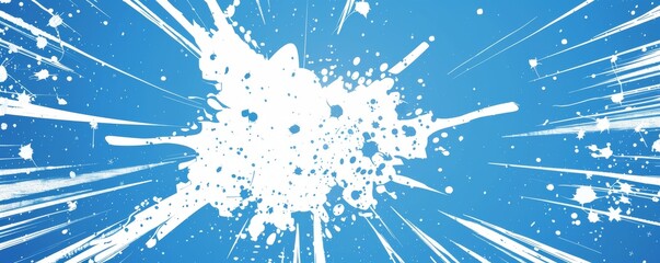 Dynamic comic book style explosion on blue background with white clouds and streaks
