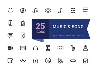 Set of Music And Song outline icons related to music and Entertainment. Linear icon collection. Editable stroke. Vector illustration.