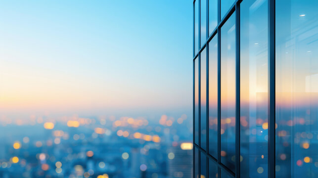 Modern glass office building reflecting a vibrant cityscape at twilight, showcasing urban architecture and nightlife blurred in the background.