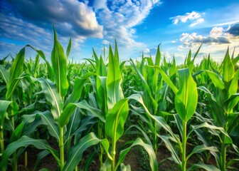 Vibrant green corn stalks sway gently in a lush field, symbolizing the sustainable, renewable, and eco-friendly nature of biofuels, contrasting with finite, polluting fossil fuels.