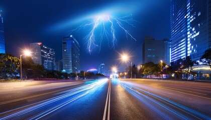 Cityscape at night with a dramatic lightning strike in the sky and light trails from vehicles on the street below.