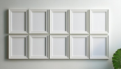 Grid of ten blank picture frames on a white wall, prepared for displaying art or photos, with a modern and minimalist look.