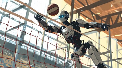 Robot Volleyball Player Spiking Ball: A tall robot leaping to spike a volleyball over the net.
