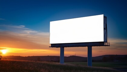 Obraz premium Large empty billboard at sunset with blank white space ready for advertisement against a colorful sky background.