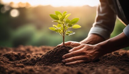 Fototapeta premium Close-up of hands wearing gloves planting a small tree sapling in the soil, with sunlight in the background.