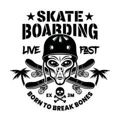 Skateboarding alien vector emblem or t-shirt print in monochrome black style on white background